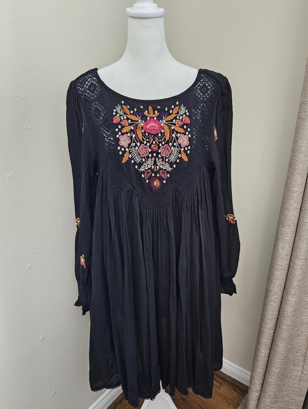 Free People Boho Embroidered Black Long-Sleeve Women's Dress Size S